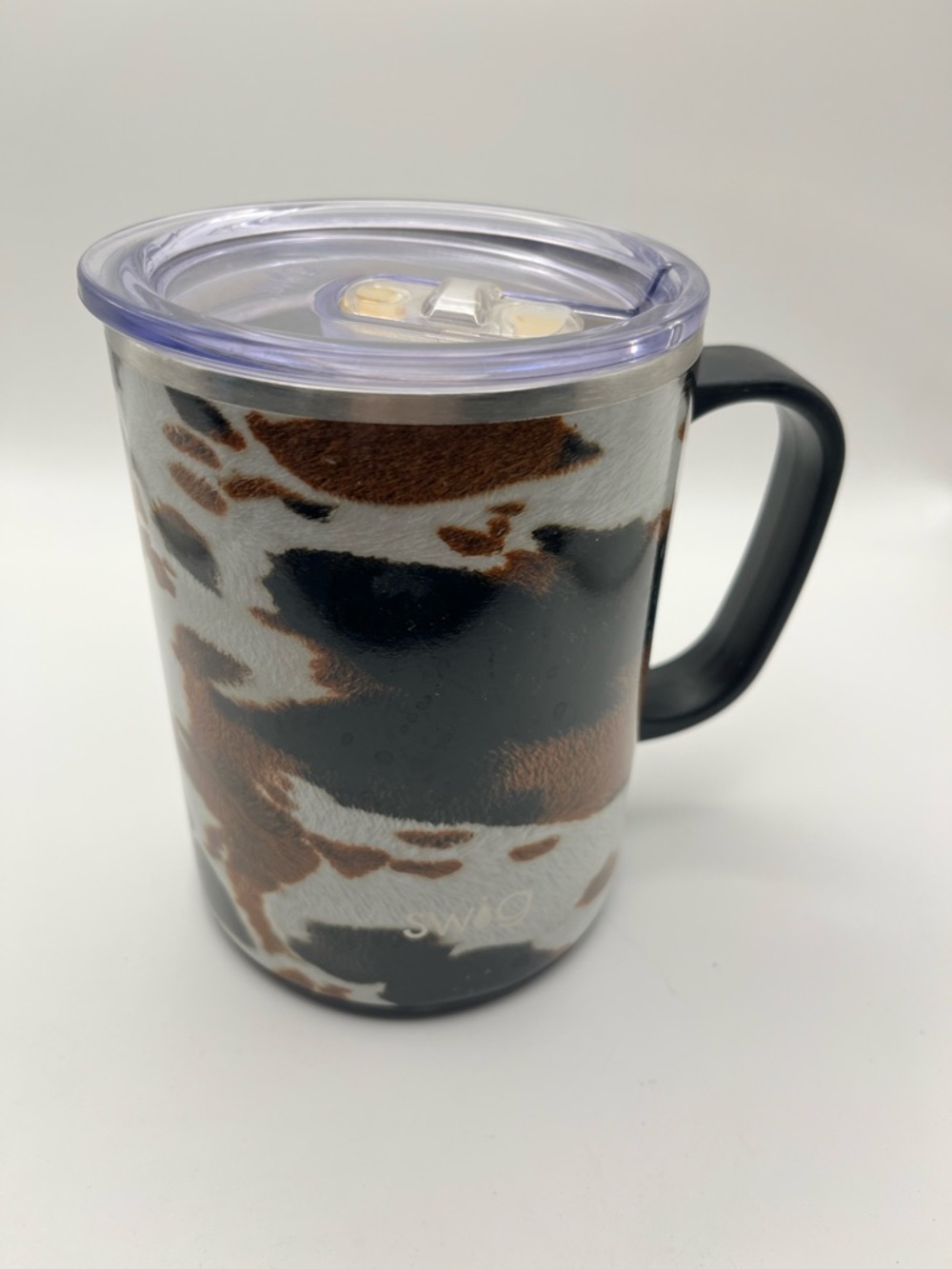 Swig Insulated Cowhide Print Travel Mug with Lid - Brown/Black/White - Picture 3 of 9